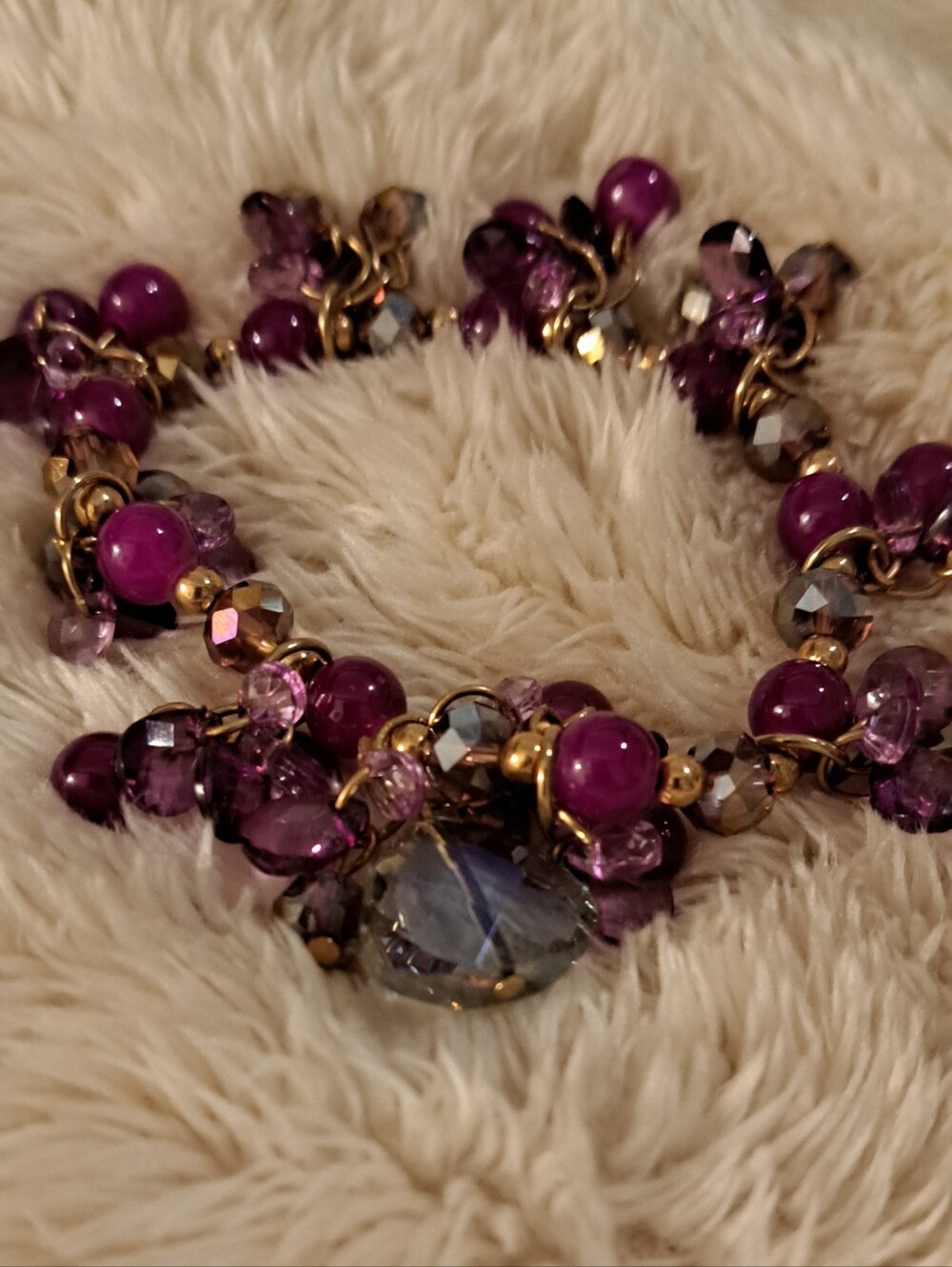 Purple Beaded Stretch Charm Bracelet with Gold Accents